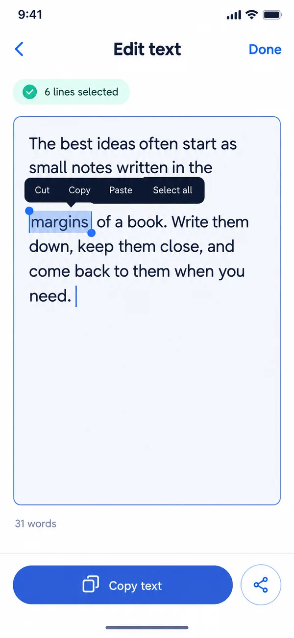 Editing text extracted from an image before copying it