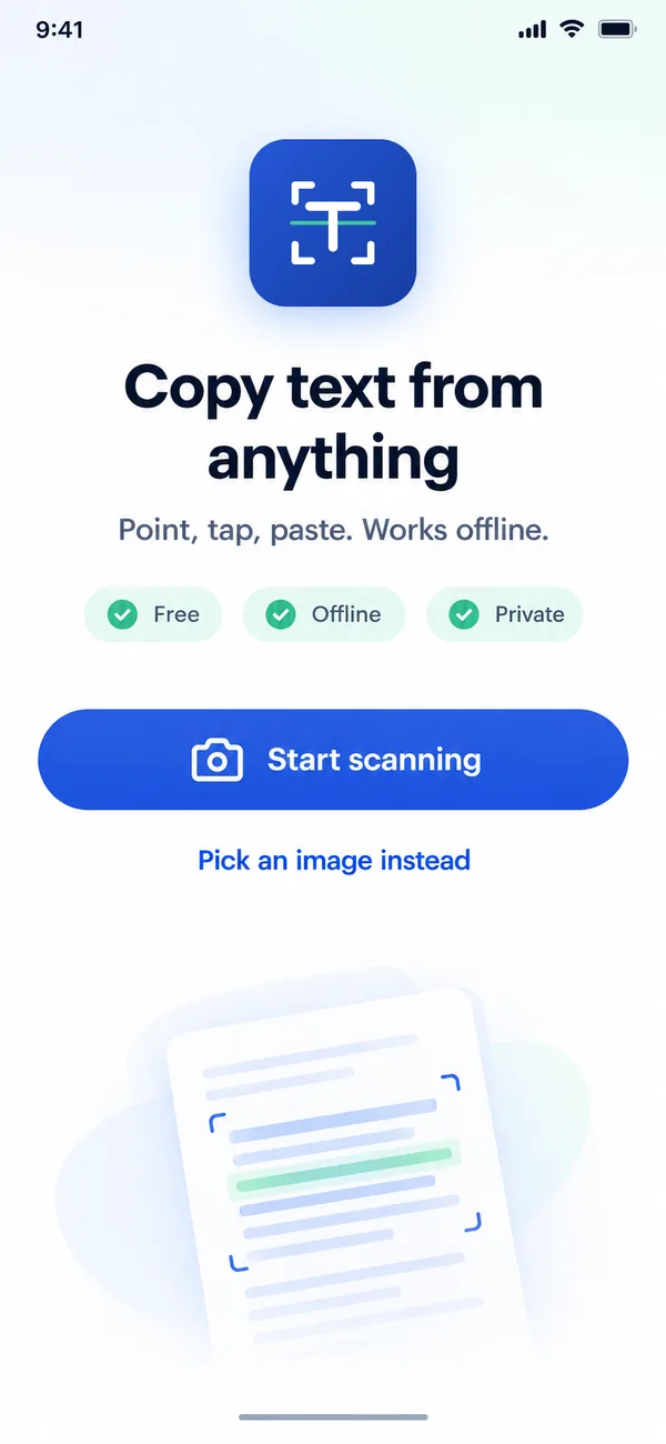 Copy Text offline text scanner app on an Android phone