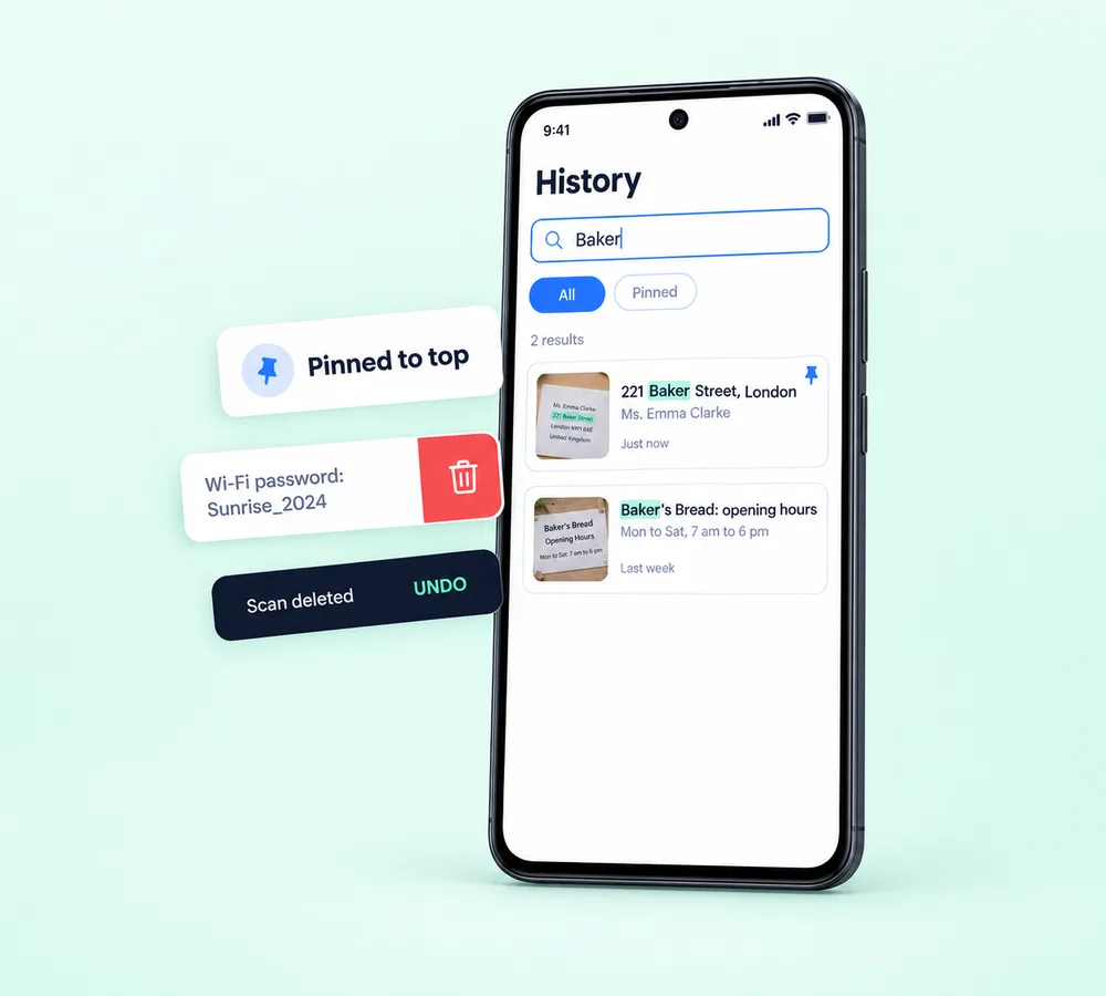 Searchable history of every text scan in the Copy Text app
