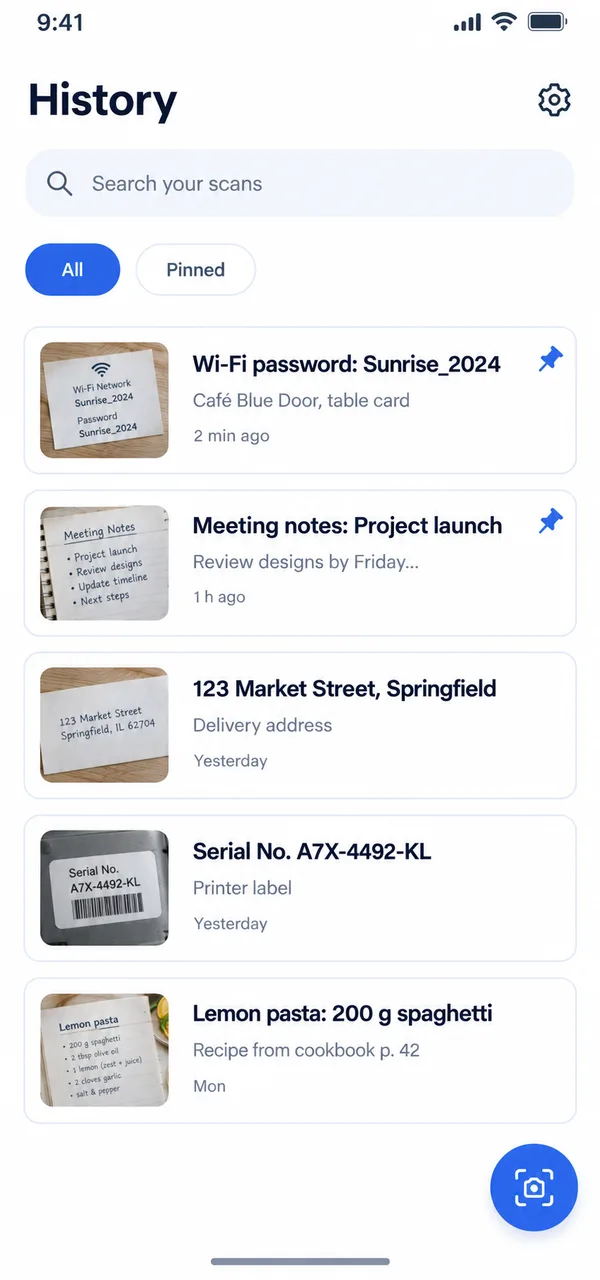 Copy Text history screen with saved text scans
