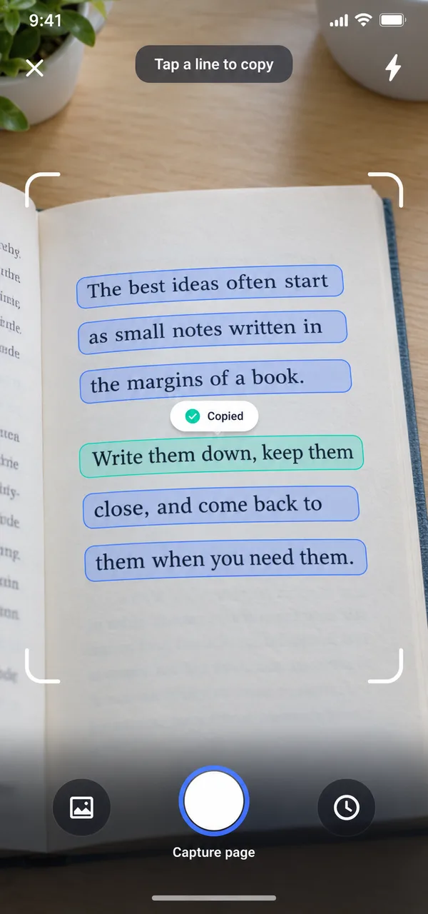 Copy Text app scanning printed text with the camera and highlighting each line