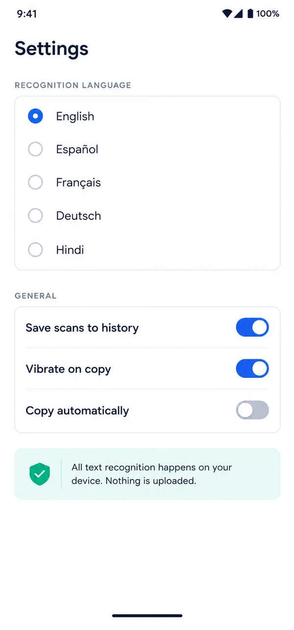 Copy Text settings with recognition languages and on-device privacy