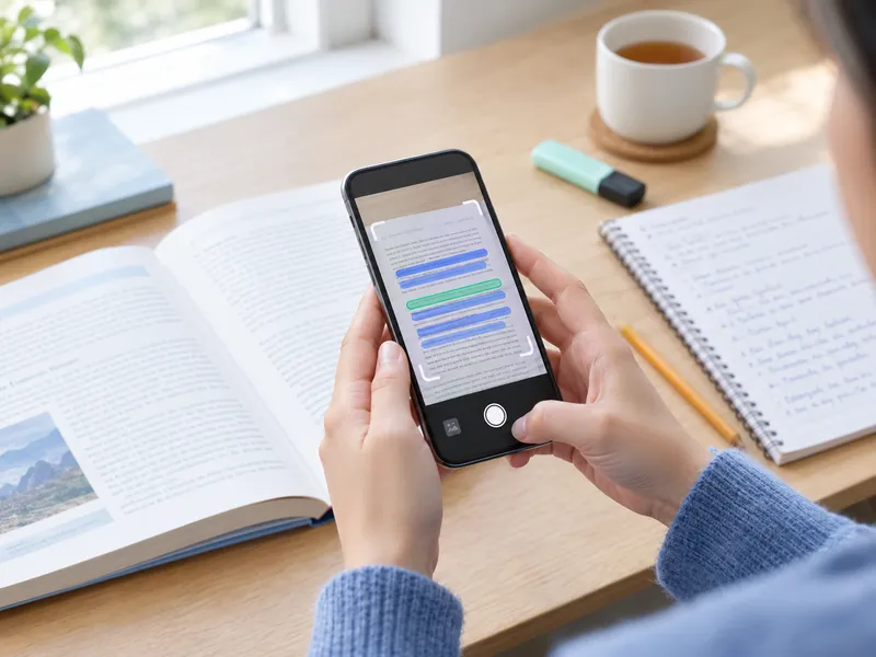 Student using a text scanner app to copy a paragraph from a textbook